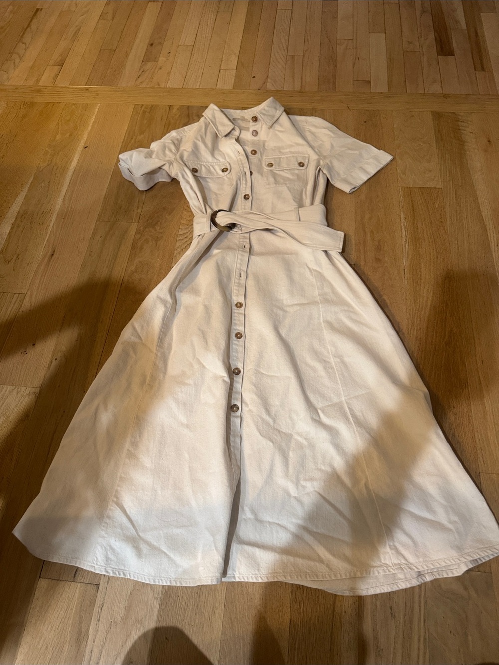Sezane Cream Button-Front Midi Shirt Dress with Tie Belt